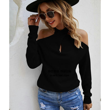 Women's Solid Color Long Sleeve Knit Sweater Hanging Neck Cross Sexy Strapless Sweater Top