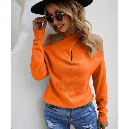 Women's Solid Color Long Sleeve Knit Sweater Hanging Neck Cross Sexy Strapless Sweater Top