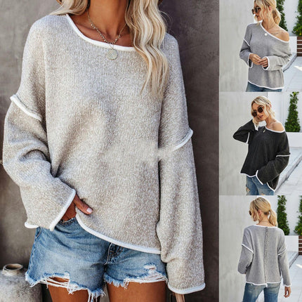 Women's Sweater Round Neck Knit Sweater Plus Size Back Fringe Pullover Sweater