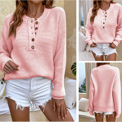 Women Solid Color Button Pullover Round Neck Long Sleeve Knit Top