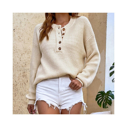 Women Solid Color Button Pullover Round Neck Long Sleeve Knit Top