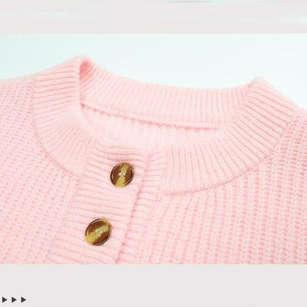 Women Solid Color Button Pullover Round Neck Long Sleeve Knit Top