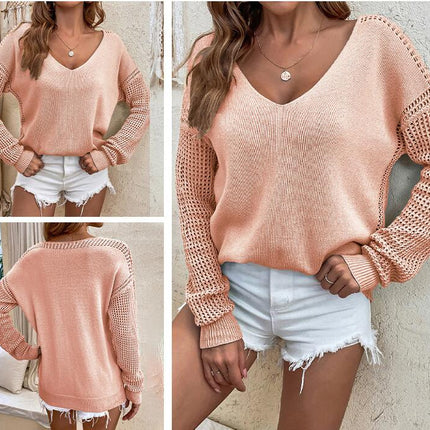 Women's Solid Color Knit Sweater Skeleton Long Sleeve V-Neck Pullover Top