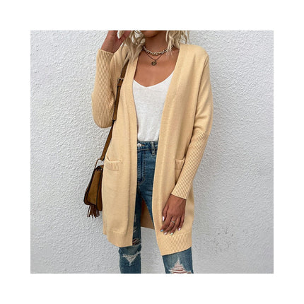 Solid Color Pocket Knit Sweater Mid-Length Sweater Women Cardigan Jacket