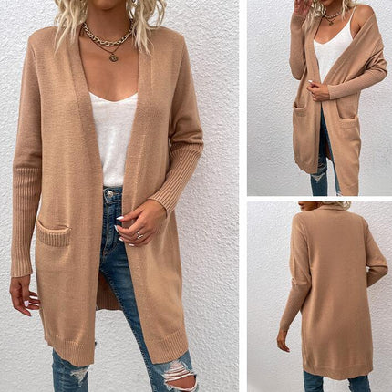 Solid Color Pocket Knit Sweater Mid-Length Sweater Women Cardigan Jacket