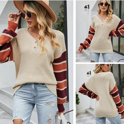 Striped Pullover Button Knit Sweater Autumn and Winter Long Sleeve Sweater Women