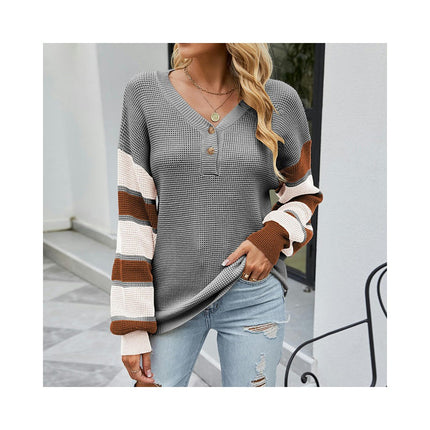 Striped Pullover Button Knit Sweater Autumn and Winter Long Sleeve Sweater Women