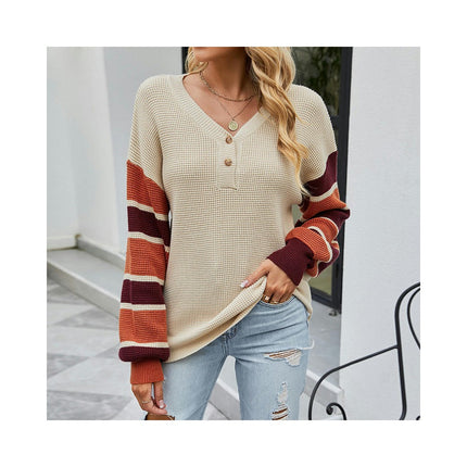 Striped Pullover Button Knit Sweater Autumn and Winter Long Sleeve Sweater Women