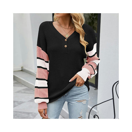 Striped Pullover Button Knit Sweater Autumn and Winter Long Sleeve Sweater Women