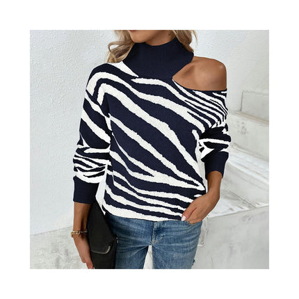 Women's High Neck Strapless Knit Sweater Long Sleeve Color Clash Tiger Stripe Top