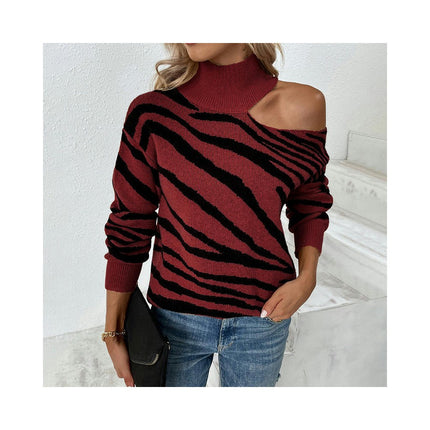 Women's High Neck Strapless Knit Sweater Long Sleeve Color Clash Tiger Stripe Top