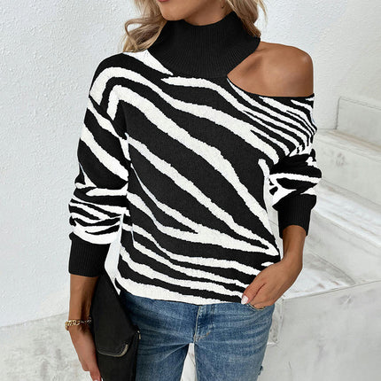 Women's High Neck Strapless Knit Sweater Long Sleeve Color Clash Tiger Stripe Top