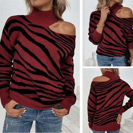 Women's High Neck Strapless Knit Sweater Long Sleeve Color Clash Tiger Stripe Top