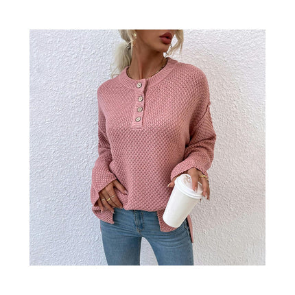 Women's Round Neck Chest Button Placket Sweater-Wide Cuffs Split Knit Sweater