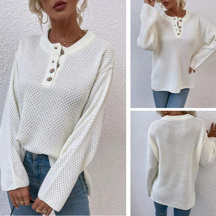 Women's Round Neck Chest Button Placket Sweater-Wide Cuffs Split Knit Sweater