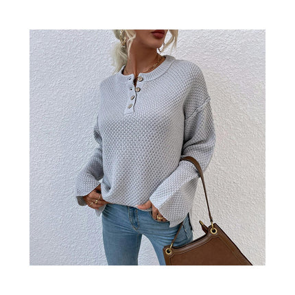 Women's Round Neck Chest Button Placket Sweater-Wide Cuffs Split Knit Sweater