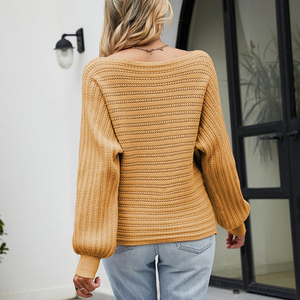 Women's Solid Color Short Knit Sweater Long Sleeve Round Neck Loose Knit Pullover Top