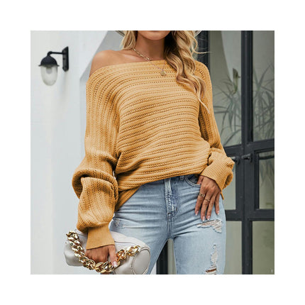 Women's Solid Color Short Knit Sweater Long Sleeve Round Neck Loose Knit Pullover Top