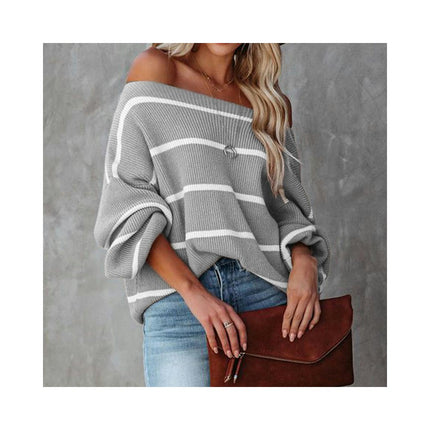 Women's Round Neck Striped Knit Sweater Long Sleeve Short Loose Pullover Sweater Top