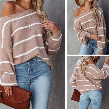 Women's Round Neck Striped Knit Sweater Long Sleeve Short Loose Pullover Sweater Top