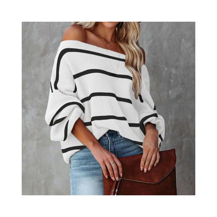 Women's Round Neck Striped Knit Sweater Long Sleeve Short Loose Pullover Sweater Top