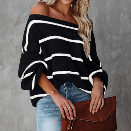 Women's Round Neck Striped Knit Sweater Long Sleeve Short Loose Pullover Sweater Top