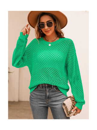 Women's Solid Color Long Sleeve Knit Sweater Skeleton Pullover Crew Neck Sweater Top