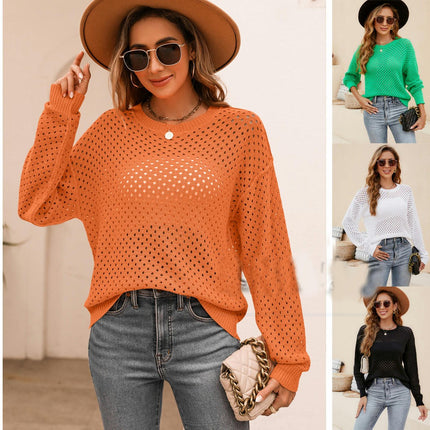 Women's Solid Color Long Sleeve Knit Sweater Skeleton Pullover Crew Neck Sweater Top