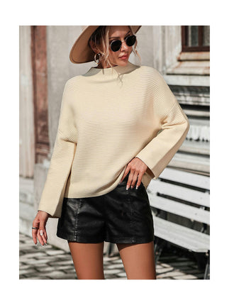 Women's Casual Long Sleeve Solid Color Mid-High Crew Neck Loose Pullover Knit Sweater Top