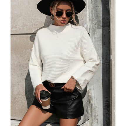 Women's Casual Long Sleeve Solid Color Mid-High Crew Neck Loose Pullover Knit Sweater Top