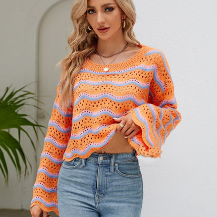 Women's Fashion Hollow Crochet Long Sleeve Blouse Round Neck Knit Striped Sweater