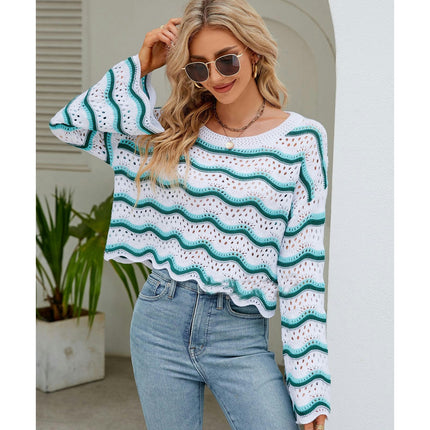 Women's Fashion Hollow Crochet Long Sleeve Blouse Round Neck Knit Striped Sweater