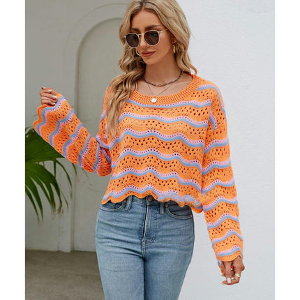 Women's Fashion Hollow Crochet Long Sleeve Blouse Round Neck Knit Striped Sweater