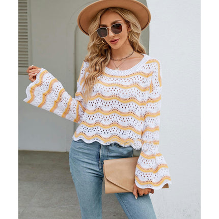 Women's Fashion Hollow Crochet Long Sleeve Blouse Round Neck Knit Striped Sweater