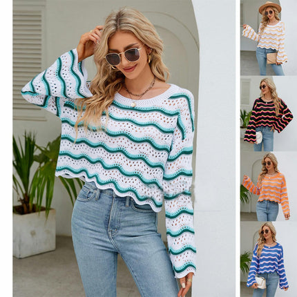 Women's Fashion Hollow Crochet Long Sleeve Blouse Round Neck Knit Striped Sweater