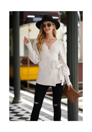 Women's Wrap V-neck Long Sleeve Front Tie Cardigan-Casual Knit Sweater Top