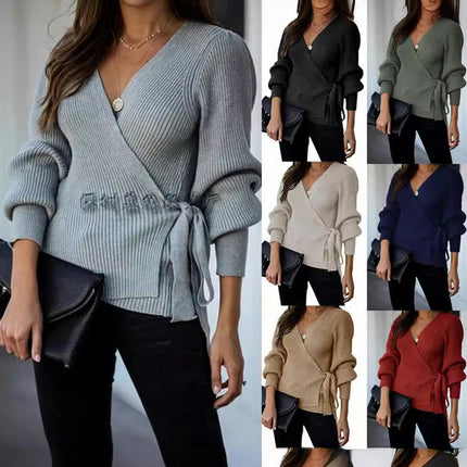 Women's Wrap V-neck Long Sleeve Front Tie Cardigan-Casual Knit Sweater Top