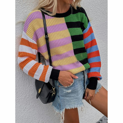 Women's Long Sleeve Round Neck Striped Colorblocking Loose Knit Pullover Top