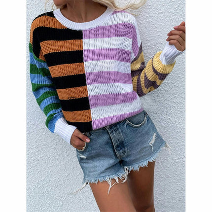 Women's Long Sleeve Round Neck Striped Colorblocking Loose Knit Pullover Top