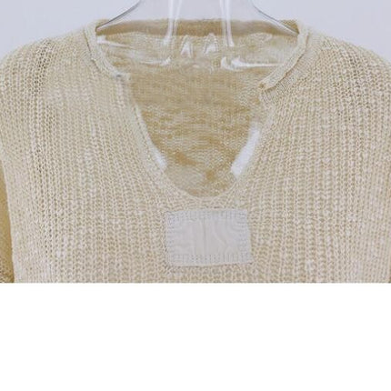 Women's V-Neck Solid Color Knit Sweater - Loose Long Sleeve Fashion Pullover Sweater