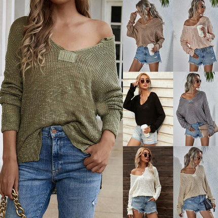 Women's V-Neck Solid Color Knit Sweater - Loose Long Sleeve Fashion Pullover Sweater