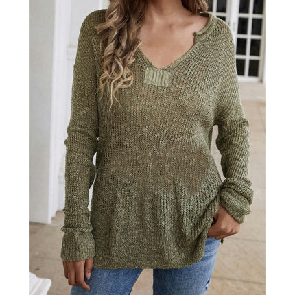 Women's V-Neck Solid Color Knit Sweater - Loose Long Sleeve Fashion Pullover Sweater