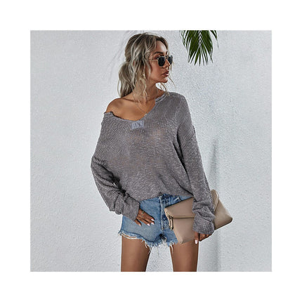 Women's V-Neck Solid Color Knit Sweater - Loose Long Sleeve Fashion Pullover Sweater