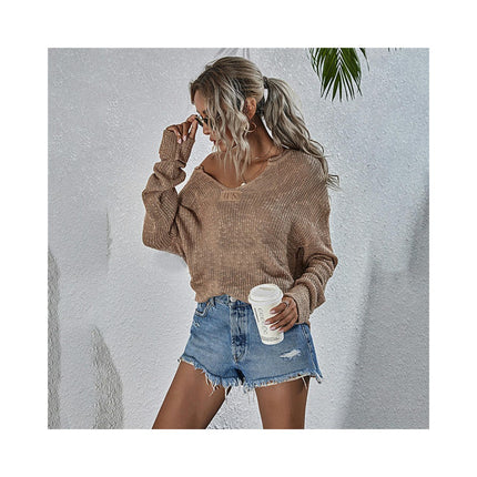 Women's V-Neck Solid Color Knit Sweater - Loose Long Sleeve Fashion Pullover Sweater