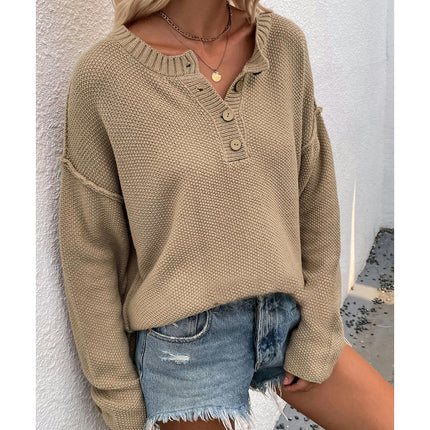 Women's Long Sleeve Waffle Knit Sweater V-Neck Loose Side Slit Pullover Sweater Top