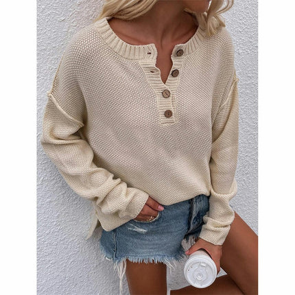 Women's Long Sleeve Waffle Knit Sweater V-Neck Loose Side Slit Pullover Sweater Top