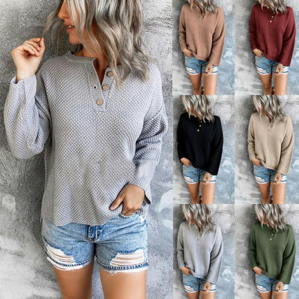 Women's Long Sleeve Waffle Knit Sweater V-Neck Loose Side Slit Pullover Sweater Top