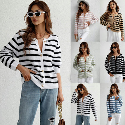 Women's Striped Knit Long Sleeve Single Breasted Cardigan Short Sweater