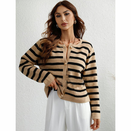 Women's Striped Knit Long Sleeve Single Breasted Cardigan Short Sweater