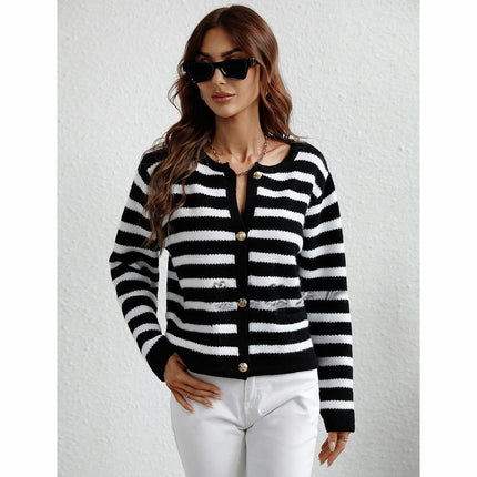 Women's Striped Knit Long Sleeve Single Breasted Cardigan Short Sweater